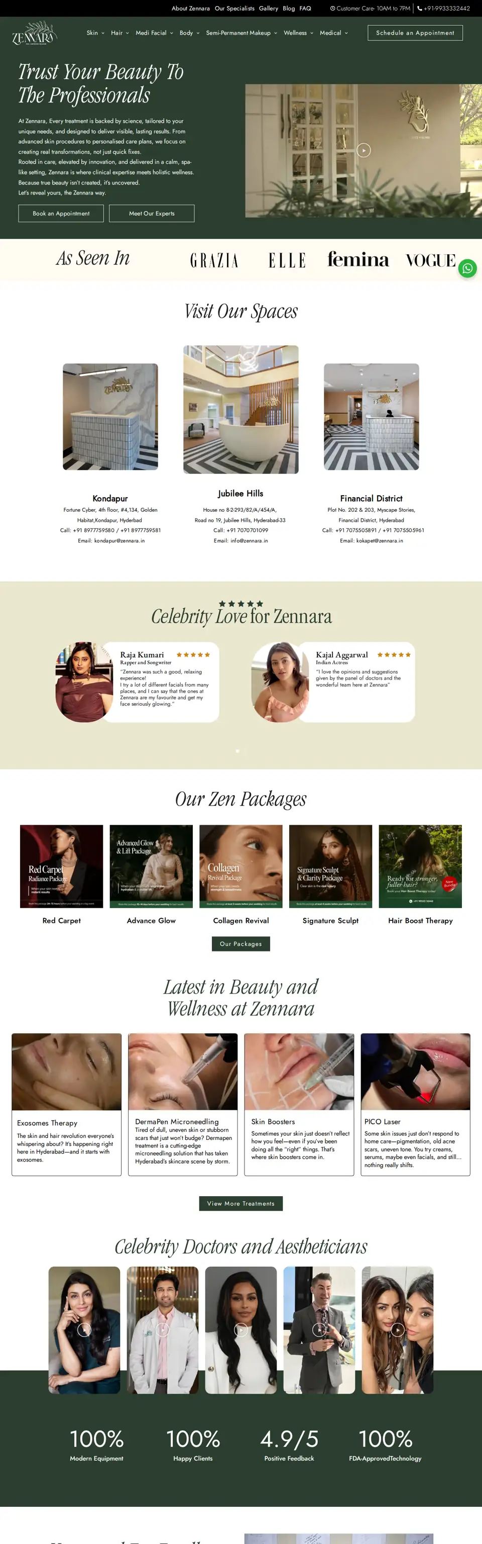 Zennara website home page, full page